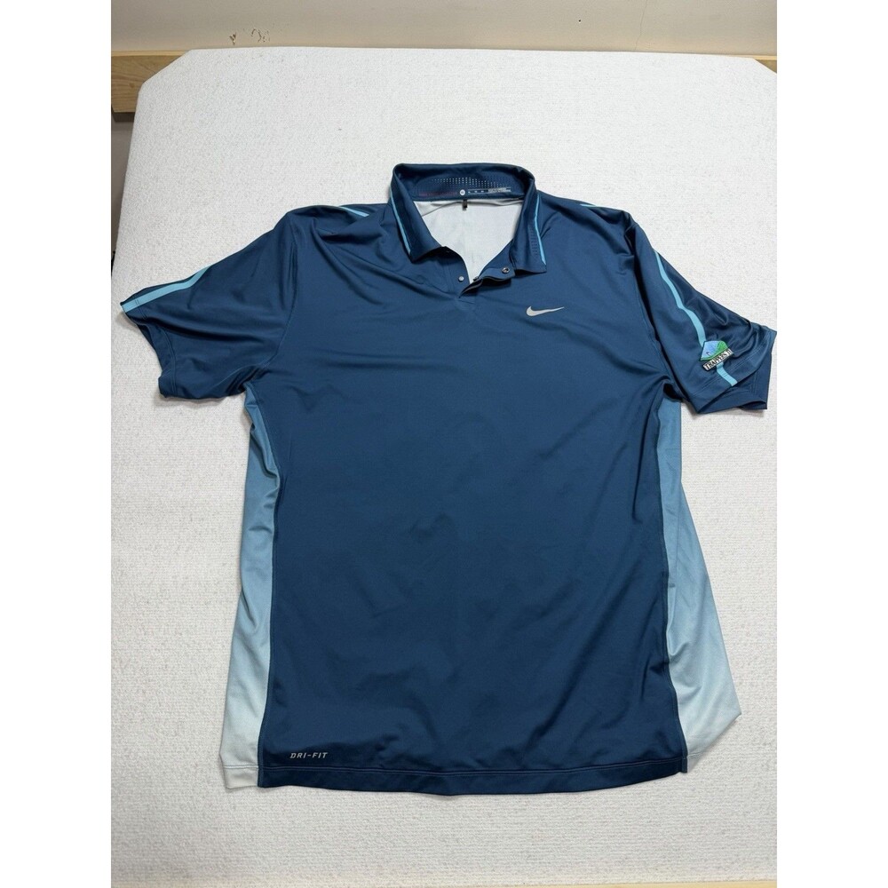 Nike Tiger Woods Collection Dri-Fit Golf Polo XL Blue Trappers Turn Patch